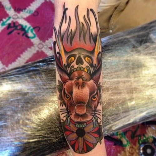 Colored Flower And Jackalope Tattoo On Sleeve